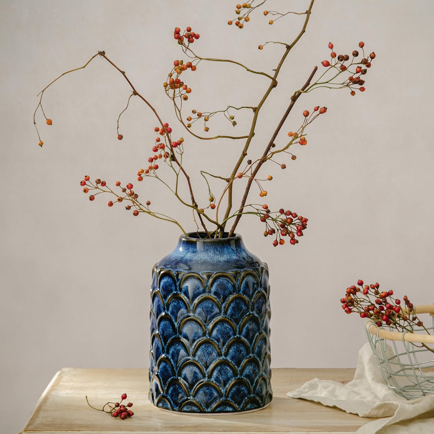 7.28” Blue Ceramic Flower Vase, Rustic Farmhouse Decorative Vase for Home Decor, Centerpiece, Living Room, Bedroom, Kitchen, Entryway & Mantel