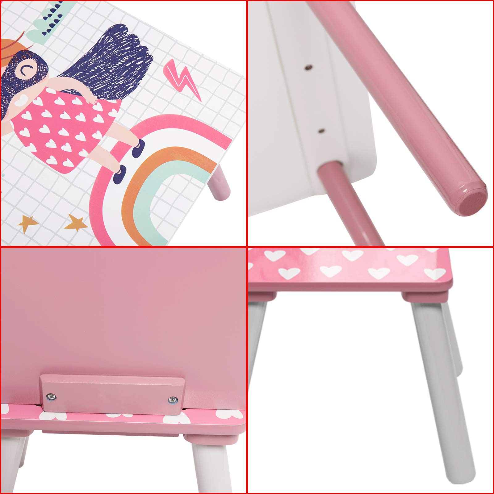 EUGAD Kindersitzgruppe 1 Kindertisch und 2 Kinderstühle, 3tlg. Kindermöbel Sitzgarnitur für Kinder aus MDF Massivholz Rosa