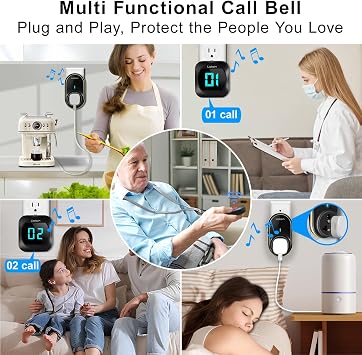 Wireless Caregiver Pager Elderly Alarm Call Button Personal Alarms Call Bell for Elderly Patient Disabled Nurse Alert System 2 Waterproof Call Button 2 Plugin Receiver