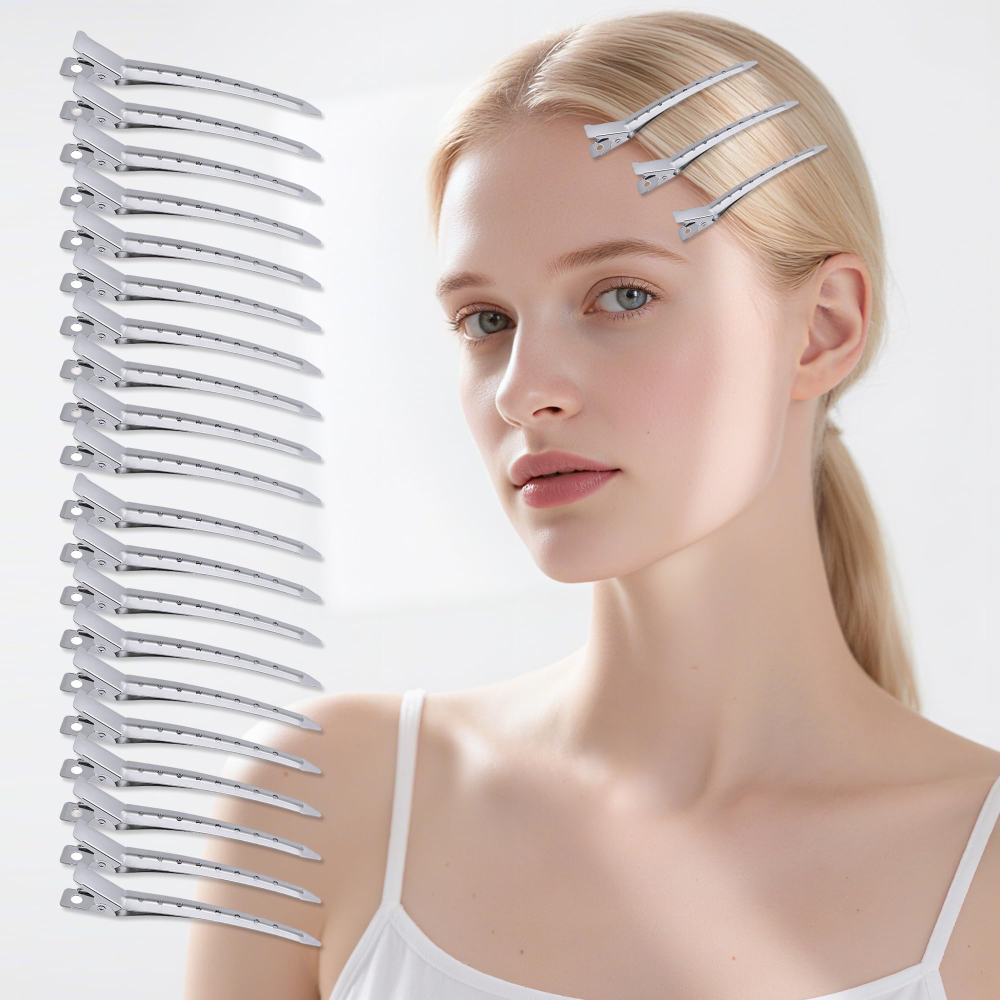 20PCS Silver Duck Bill Hair Clips – Rustproof Metal Alligator Clips with Holes for Styling & Sectioning