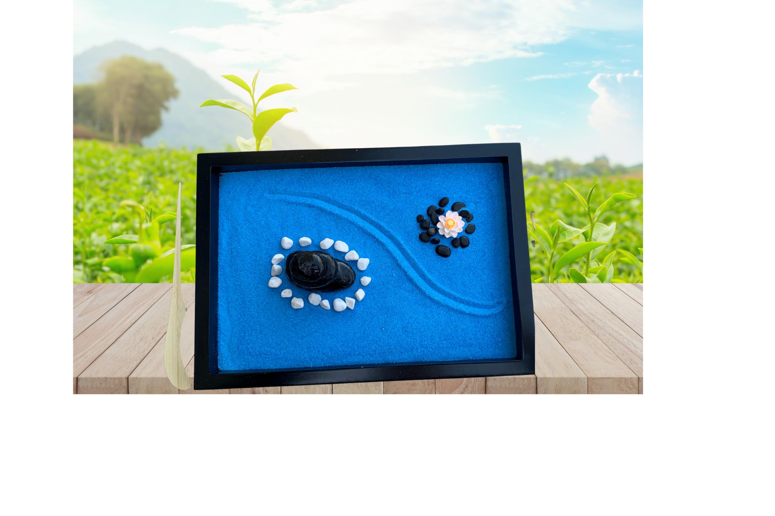 Kit da giardino zen, decorazione zen giapponese, mini set regalo per meditazione da giardino, accessori per la casa, ufficio, giardino di sabbia zen, pietre impilabili zen blu acqua, pietre bianche e