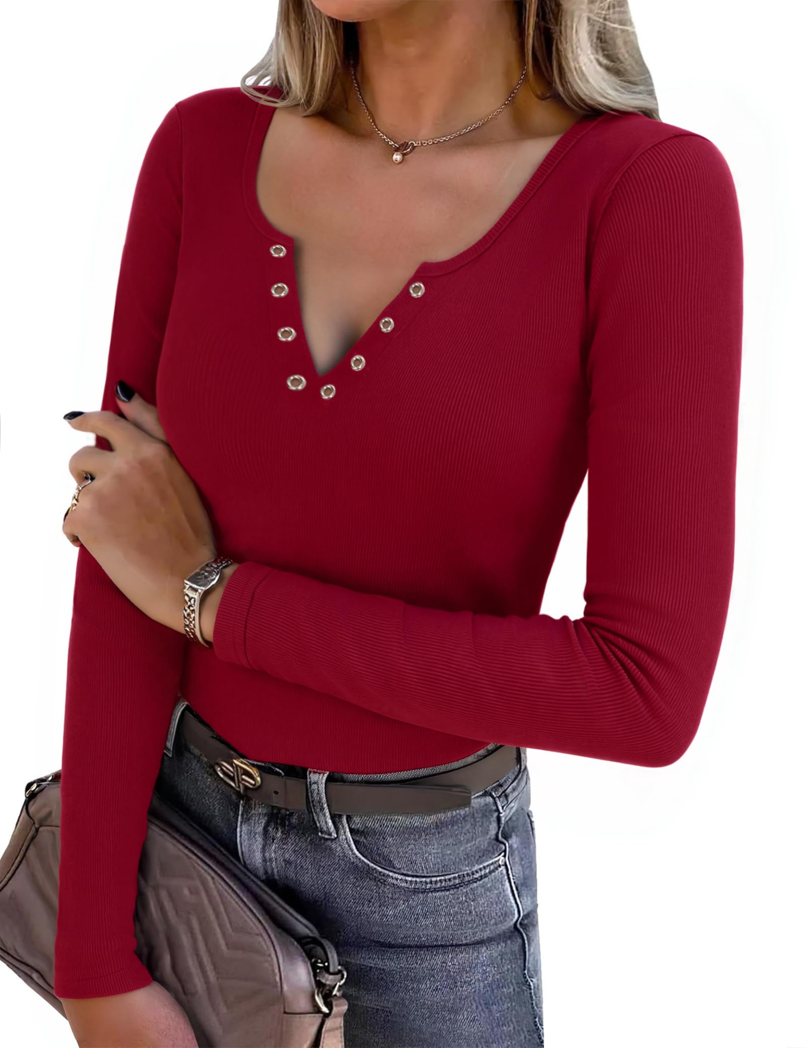 Aottori Damen Langarmshirt V-Ausschnitt Stretch Oberteile Gerippt Slim Fit Pullover Elegant RIPP Shirt Langarm Casual Basic Tops Einfarbig