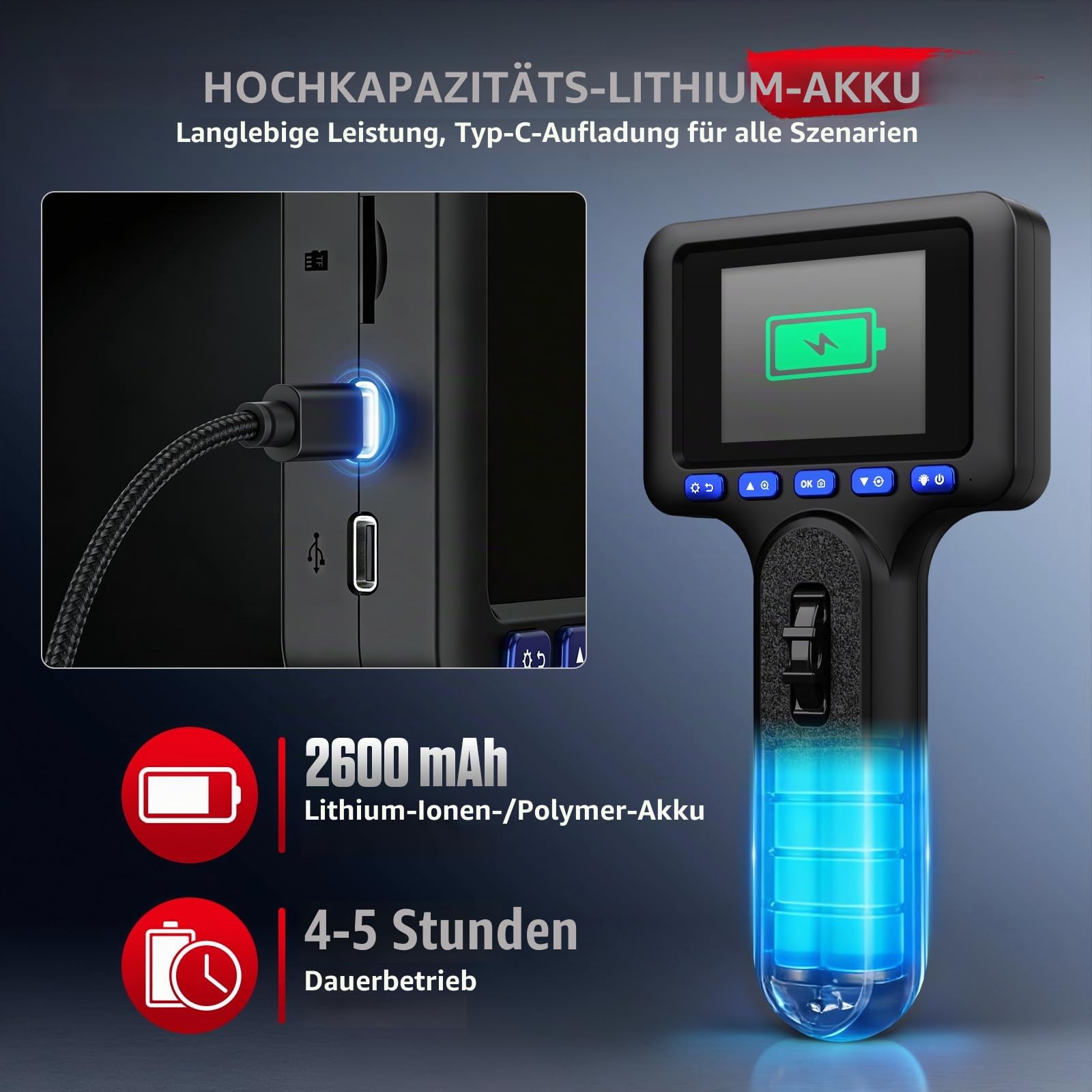 Endoskopkamera mit Licht 6,25mm Inspektionskamera Beweglicher Kopf, Teleskopkamera Kann mit Mobiltelefonen und Diagnosegeräten verbunden Werden IP67 Wasserdicht, 11 Sprachen, 1M