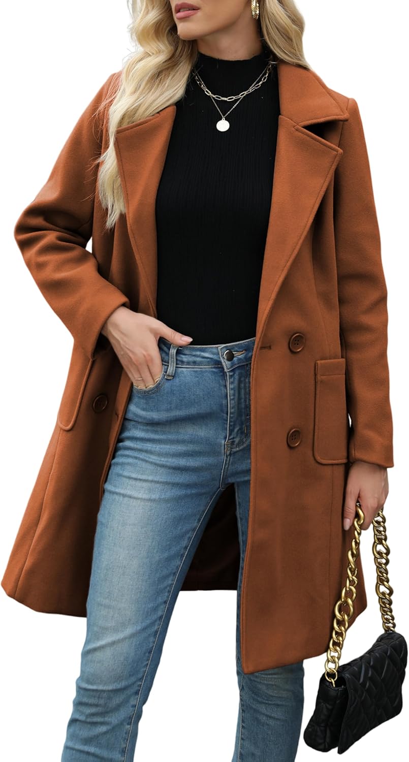 Bankeng Women Winter Wool Blend Camel Mid-Long Coat Notch Double-Breasted Lapel Jacket Outwear