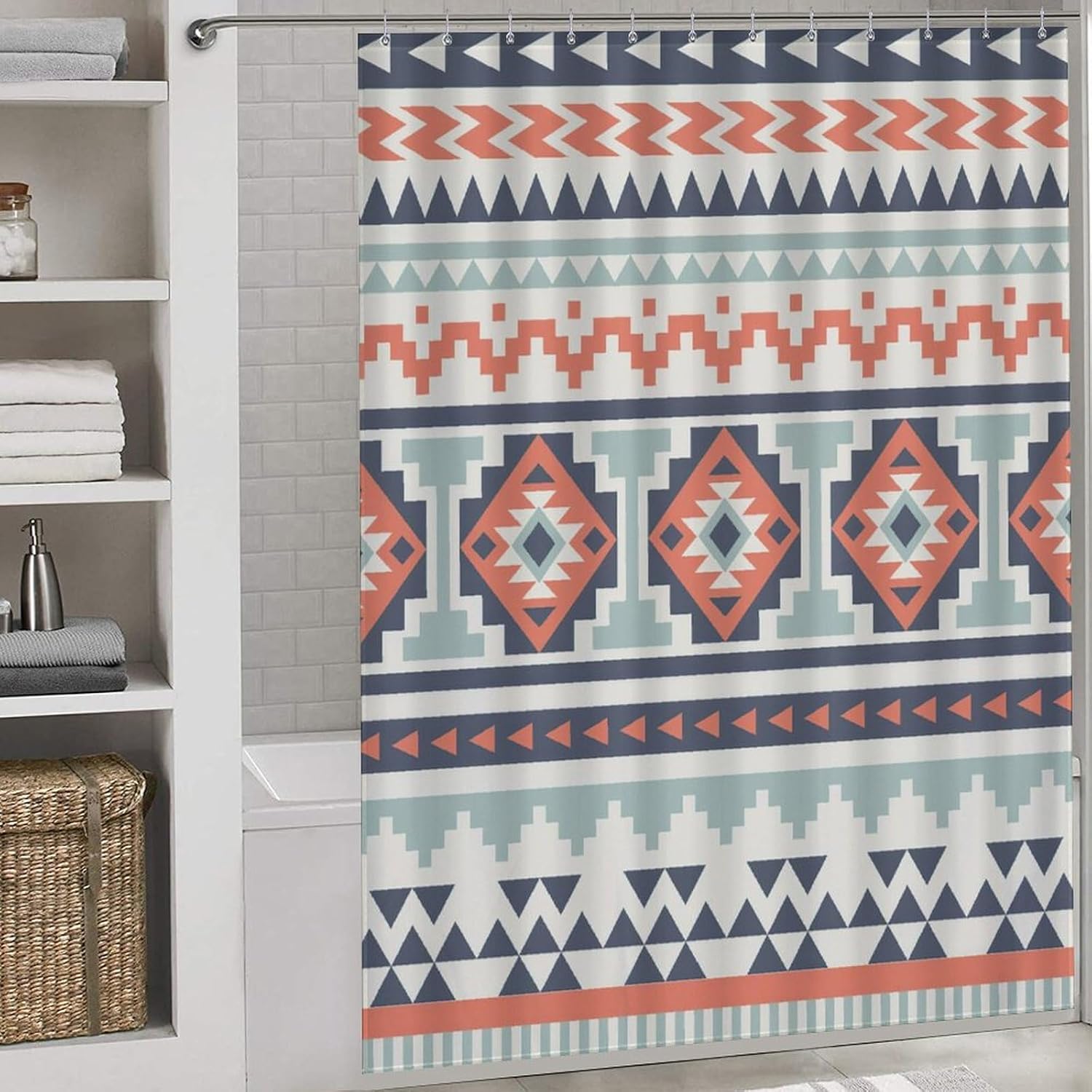 Aztec Shower Curtain, Abstract Geometric Tribal Navajo Ethnic Native Vintage Shower Curtain Sets for Bathroom Fabric Bath Curtain 12 Hook 66x72in（168x183cm）