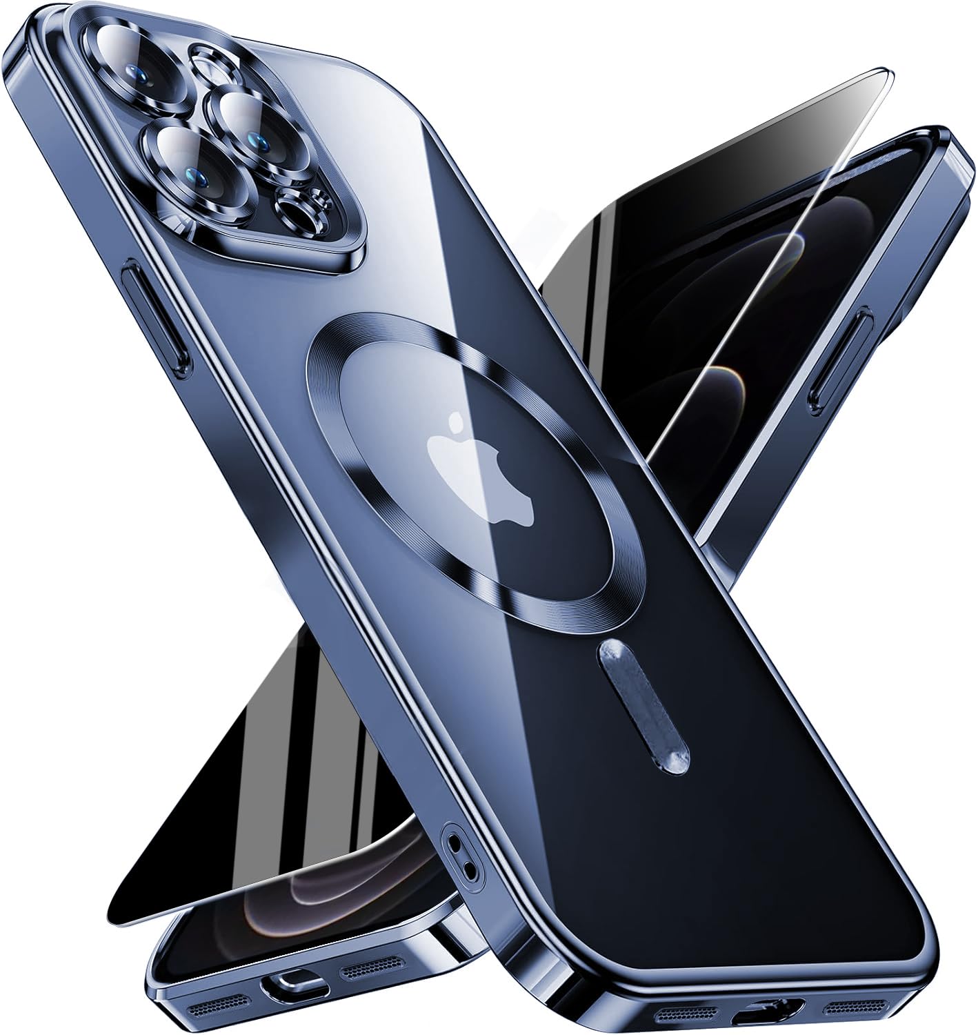 Magnetic for iPhone 12 Pro Max Case with Privacy Screen Protector &amp; Full Camera Cover,[Non-Yellowing] Plating Glossy Soft Shockproof Clear Phone Case with MagSafe Women Girls for 12 ProMax,Dark Blue