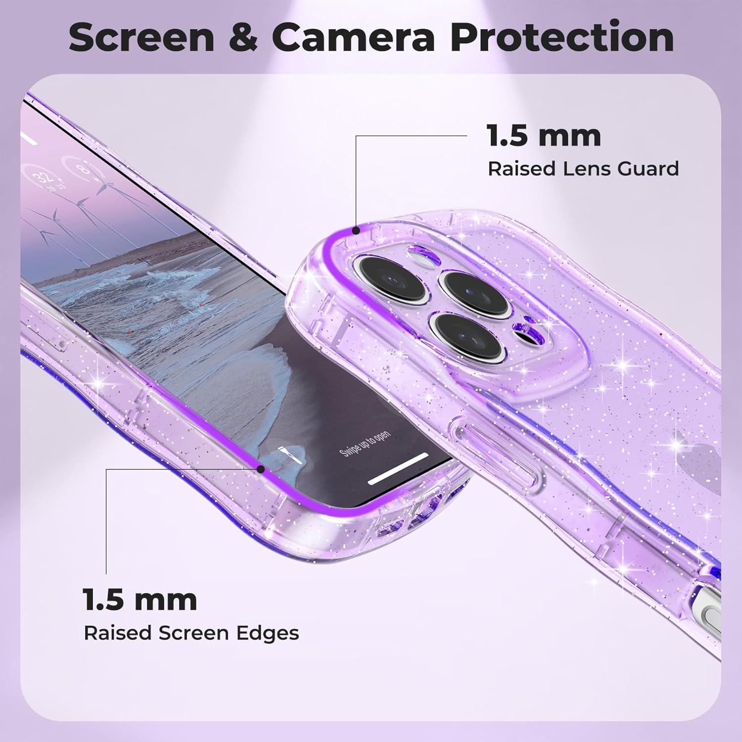 FABSPARK Phone Case for iPhone 16,Cute Clear Curly Wavy Frame Wave Case with Sparkly Bling Glitter,Non-Yellowing Transparent Acrylic Hard PC Cover for iPhone 16,Glitter Clear Purple - Image 5