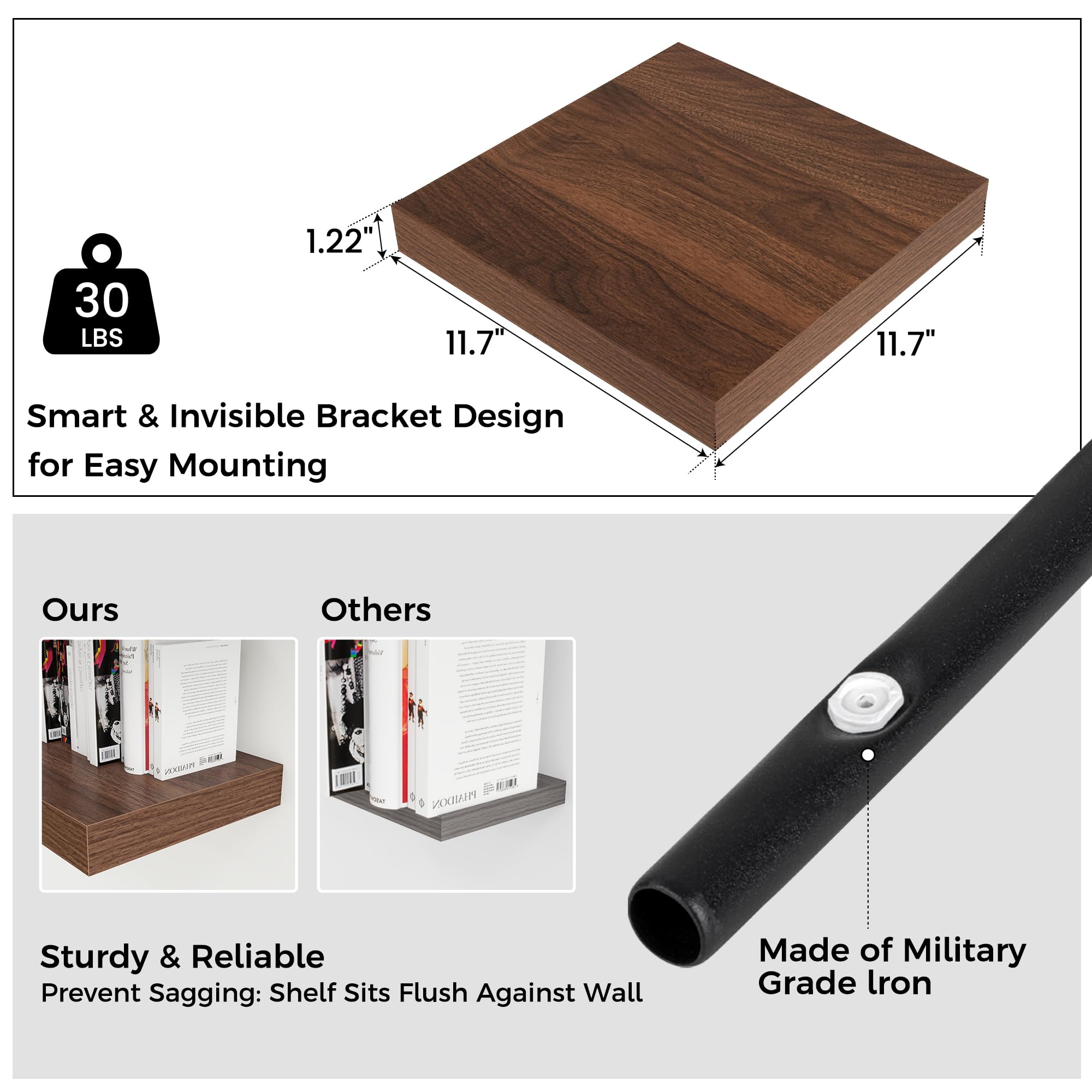 Estantes flotantes para pared, 3 estantes pequeños montados en la pared con soportes invisibles, estantes flotantes cuadrados de madera para sala de estar, dormitorio, decoración de cocina (marrón