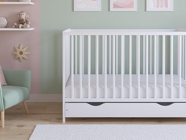 Love For Sleep Asher Cuna para Bebé 120x60 cm con Colchón de Espuma de Microfibra Acolchada – Cama Infantil de Madera Convertible en Cama para Niño con Cajón Grande y Barandilla Blanco - 4