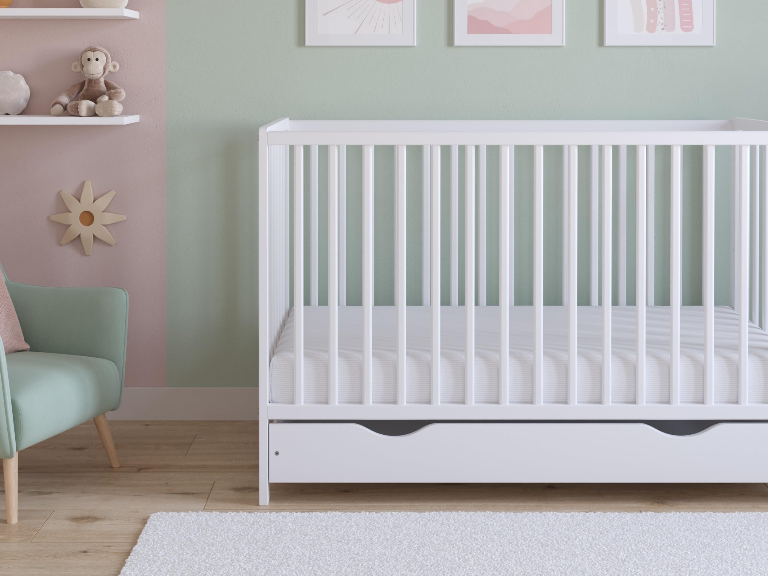 Love For Sleep Asher Cuna para Bebé 120x60 cm con Colchón de Espuma de Microfibra Acolchada – Cama Infantil de Madera Convertible en Cama para Niño con Cajón Grande y Barandilla Blanco