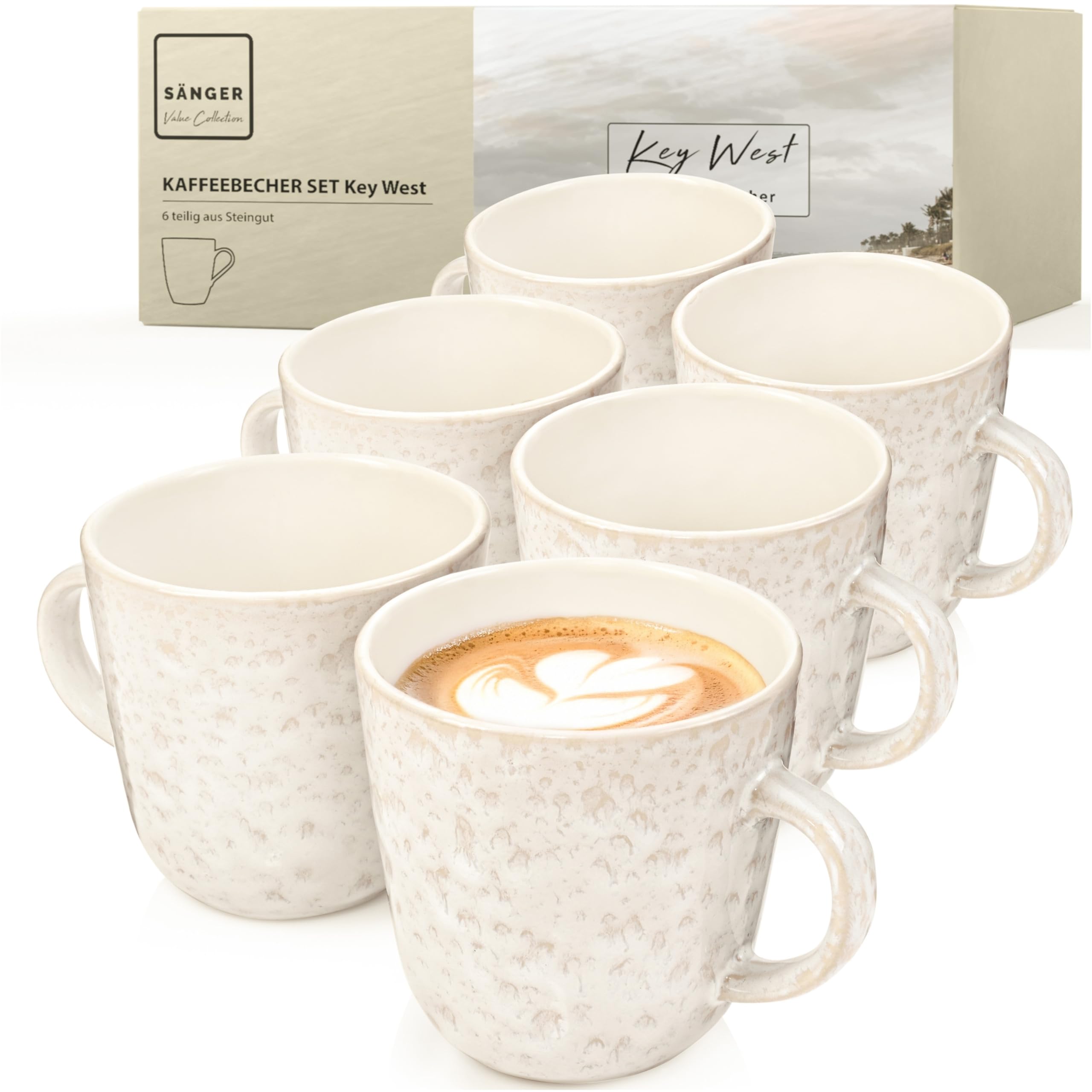 Sänger Key West | Kaffeebecher 6 Personen, Steingut Kaffeetassen Set 6er, Tassen Set Teetasse Set spülmaschinenfest mikrowellenfest, Coffee Mug Creme mit sandiger Maserung 430 ml | VALUE COLLECTION