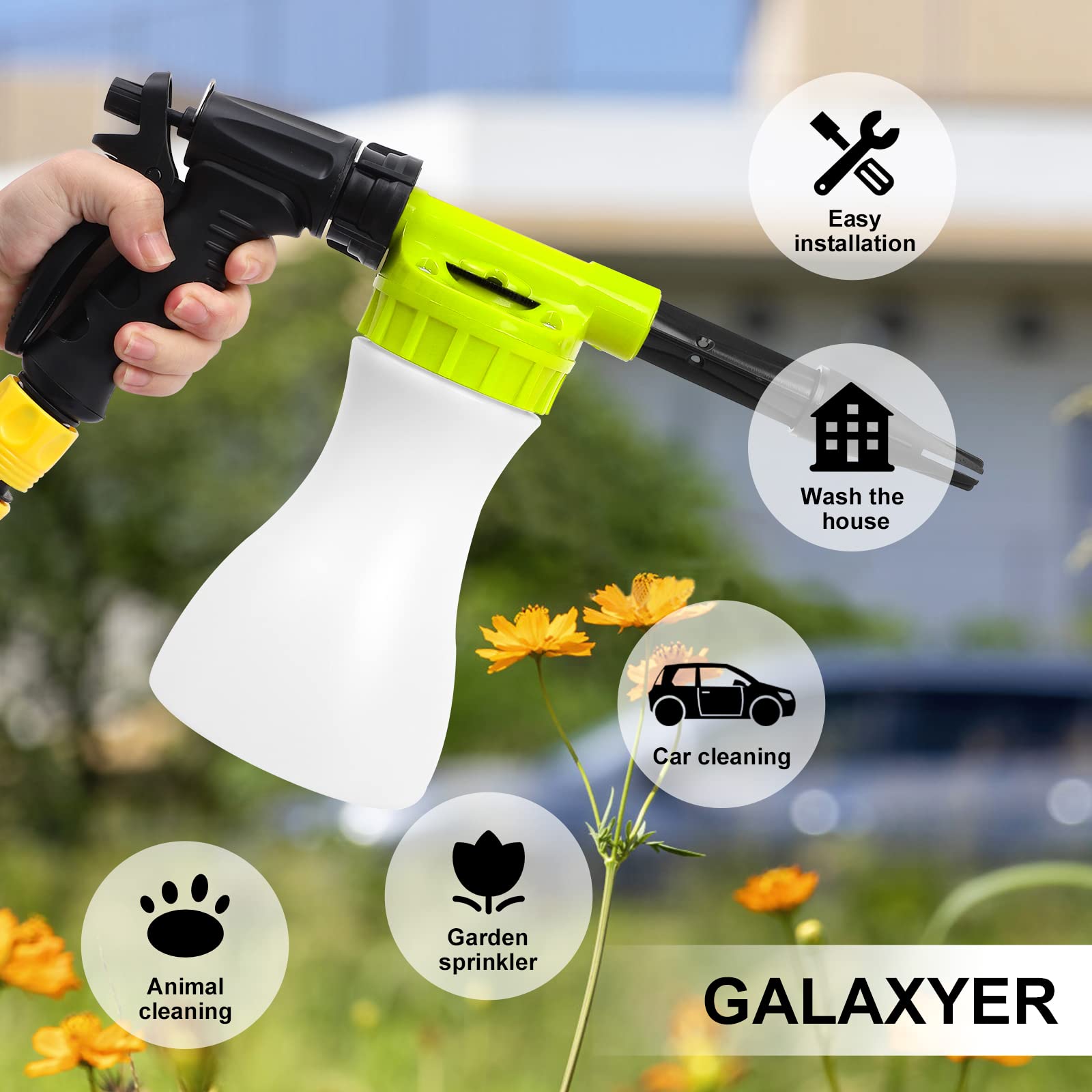 GALAXYER Pistola per Schiuma Da Neve Regolabile Da 900 ml, Lancia Schiuma Ollegamento Rapido Al Tubo Da Giardino, Attrezzi per Lavare Auto, Irrigare Case e Giardini