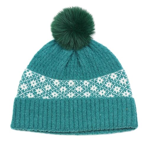 Pom Peace of Mind Recycled Blend Green and White Scandi Flower Bobble Hat for Women – Pom Pom Knit Winter Beanie for Outdoor Cold Weather