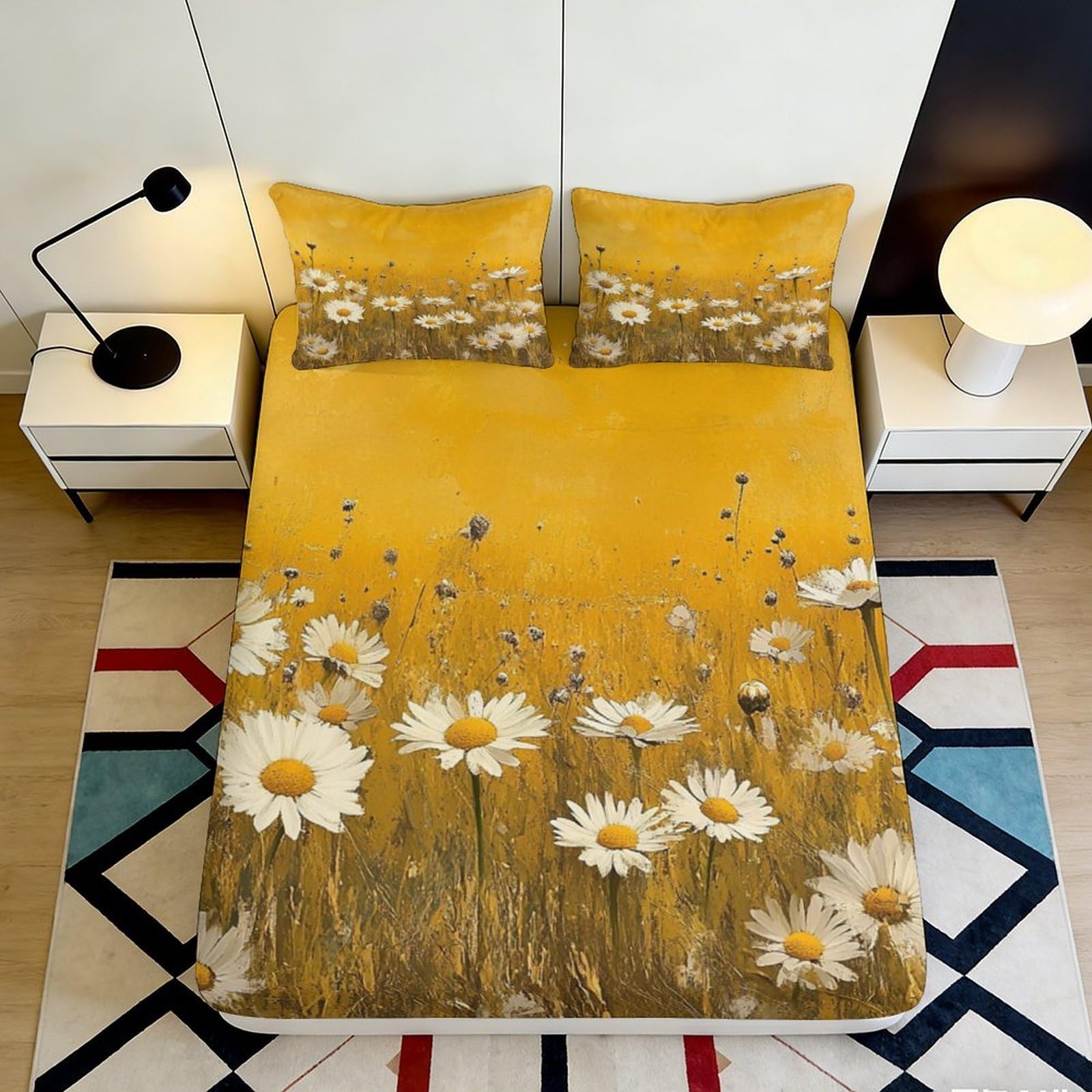 Pnayamiorkfel Style-9 3D Printed Daisy Meadow Fitted Sheet Microfiber Yellow Floral Bed Cover For Bedroom Guest Room Easy Care Decor 90X200x25cm