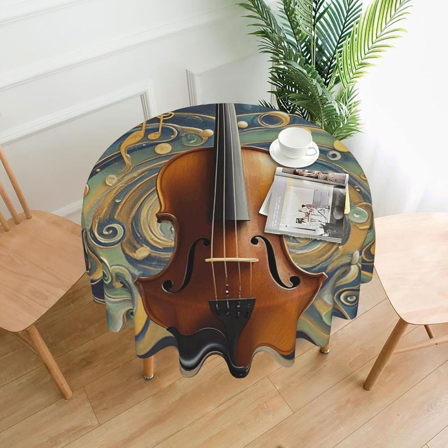 Table Cloth for Round Tables Waterproof & Stain Resistant Table Cloths Music Art Violin Tablecloth Decorative Fabric Wrinkle Free Table Cover for Thanksgiving Dining Party 60 inch image 5