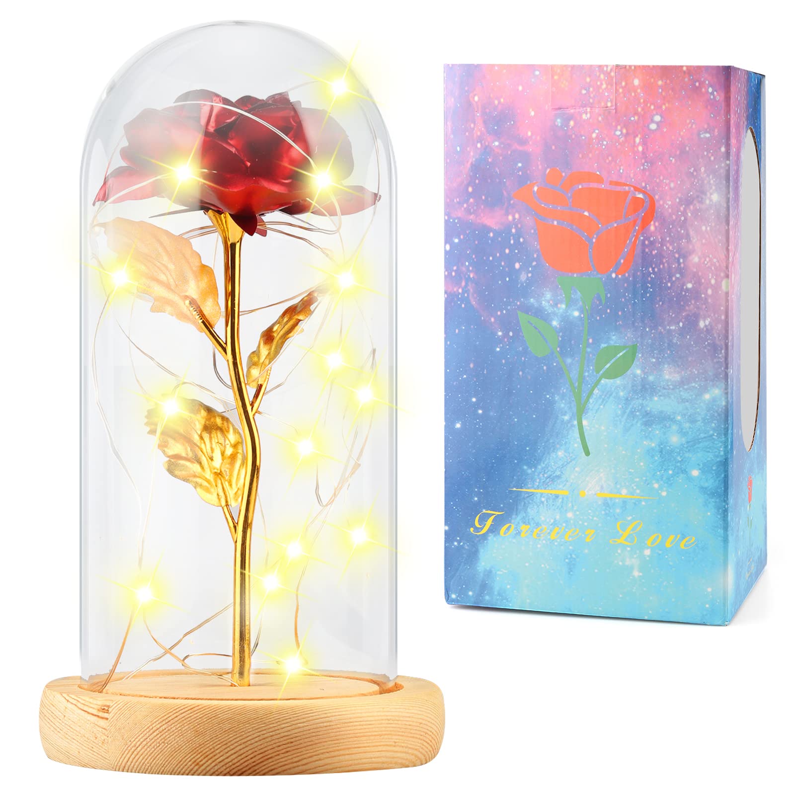Melusen Christmas Rose Gifts for Women, Forever Flower Galaxy Enchanted Rose Gift Box for Mom Wife Girlfriend Grandma, Personalized Anniversary Presents LED Rose in Glass Dome (Red)