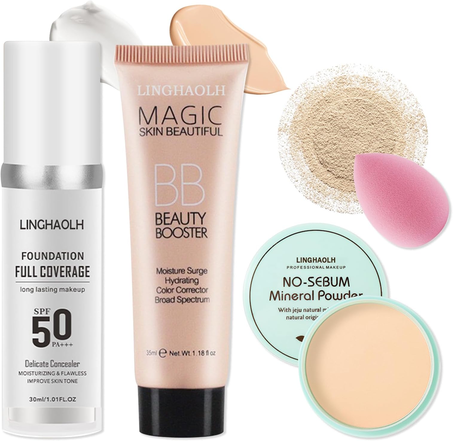 Color Changing Liquid Foundation & Full Coverage Concealer Foundation Face Primer Base Makeup Set,Moisturizing BB Cream & Loose Setting Face Powder with Makeup Sponge