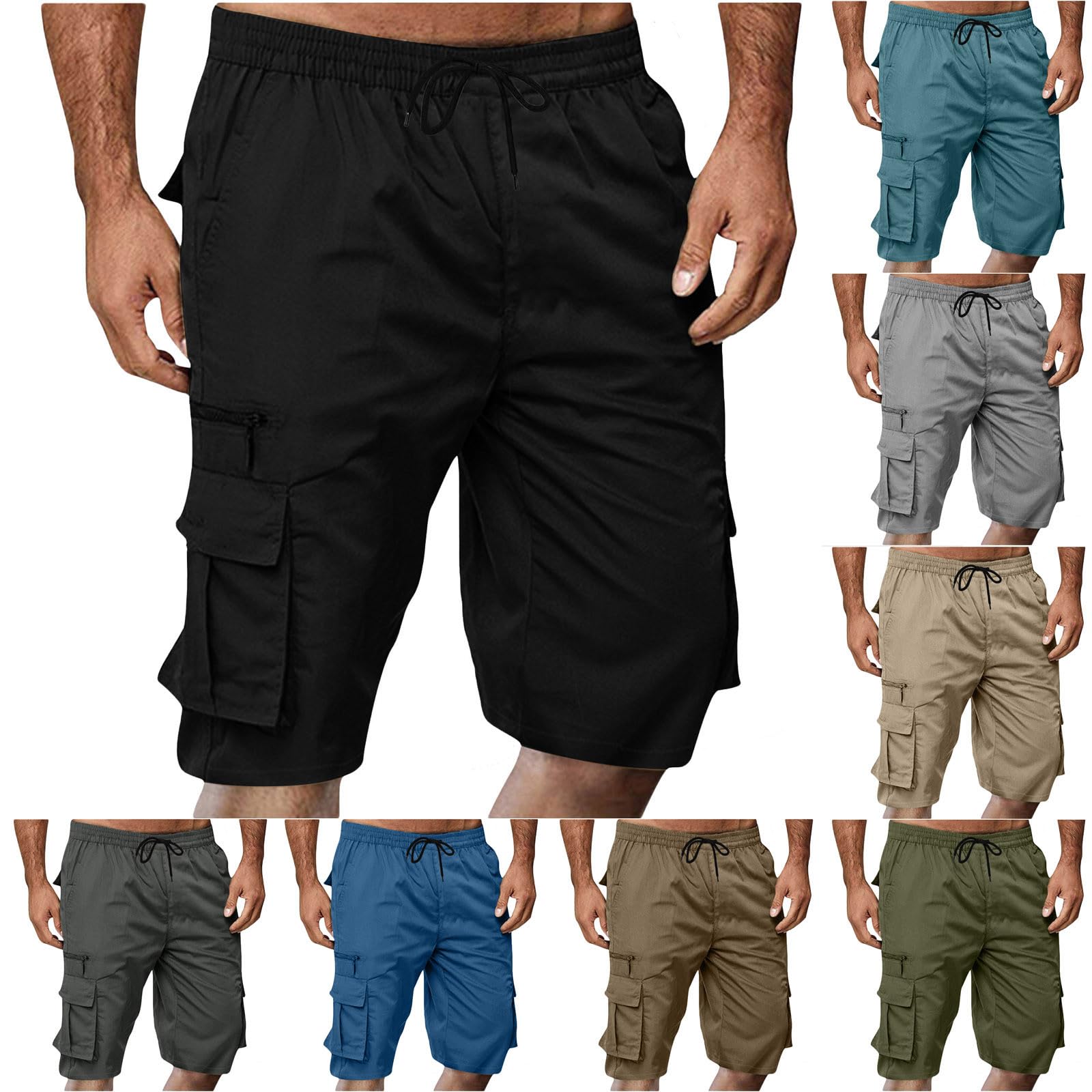 Short cargo pour homme avec plusieurs poches, taille élastique, cordon de serrage, couleur unie, longueur genou, design décontracté athlétique pour un usage quotidien, l'entraînement en plein air
