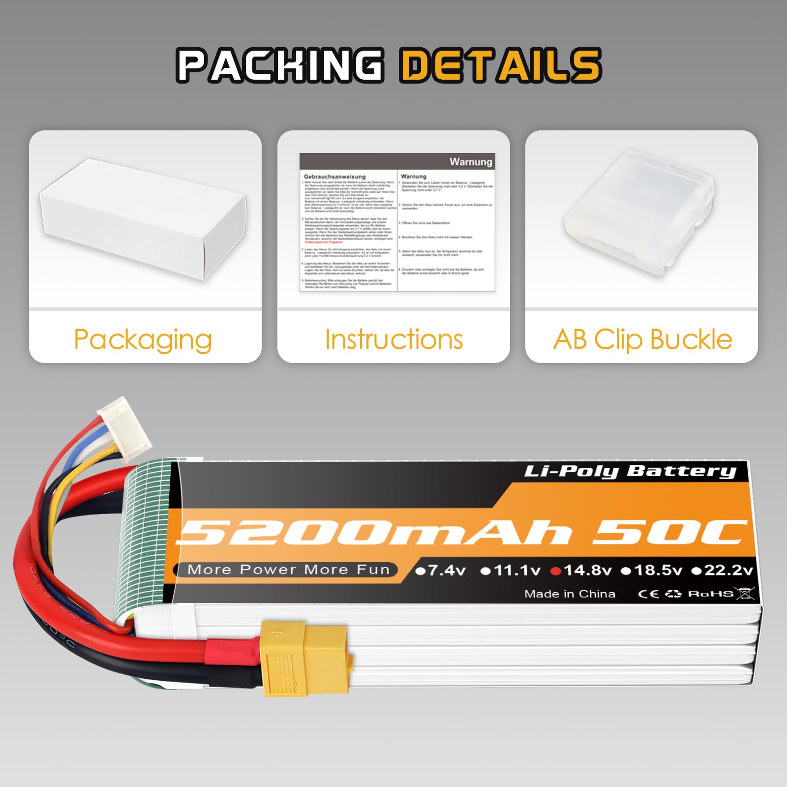 Batteria LiPo 4S 5200mAh 14.8V 50C connettore XT60 per RC camion drone 2pz | Batteria LiPo 14.8V 5200mAh, lunga durata RC, connettori XT60 e T versatili, adatta per auto, aereo e barca