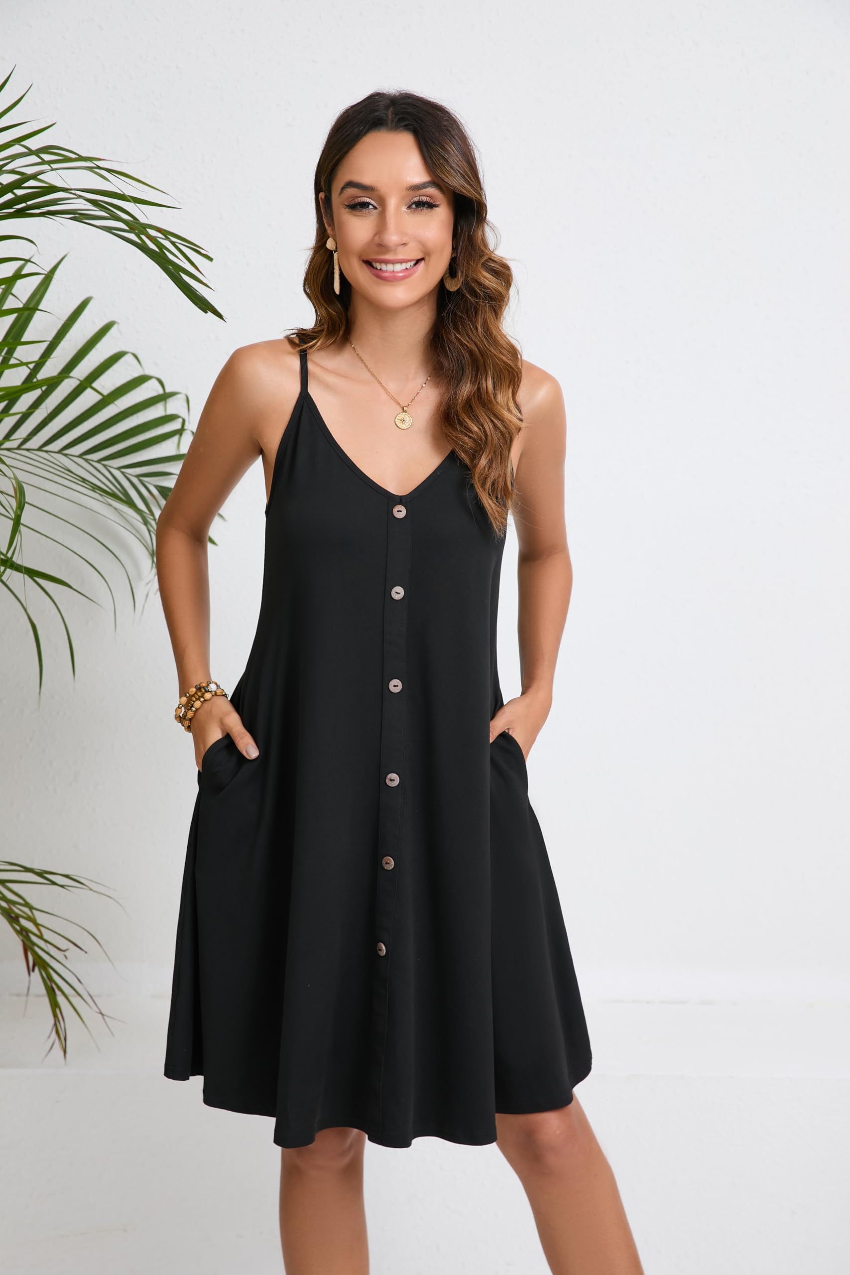 Enmain Mujer Vestidos Verano Floral Sin Mangas Vestido de Playa hasta la Rodilla Casual Cuello en V Tirantes de Espagueti Vestidos con Bolsillos para Fiesta Hawai Vacaciones S-2XL