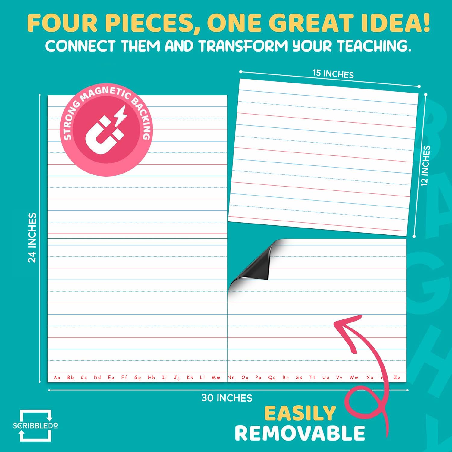 SCRIBBLEDO Taccuino magnetico gigante per aula 81,3 x 66 cm, indispensabile per insegnanti elementari cancellabili a secco, carta a righe magnetiche per lavagna bianca di terzo quinto grado scrittura