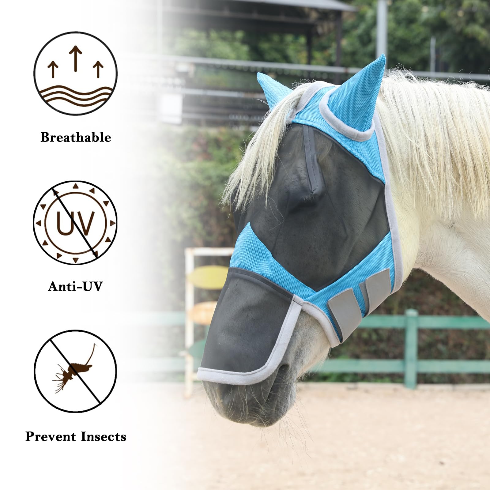 LTG Pro - Masque anti-mouches pour cheval, poney, cob - Voile couvrant toute la tête - Protection pour les oreilles et le nez en polyester - Dessins