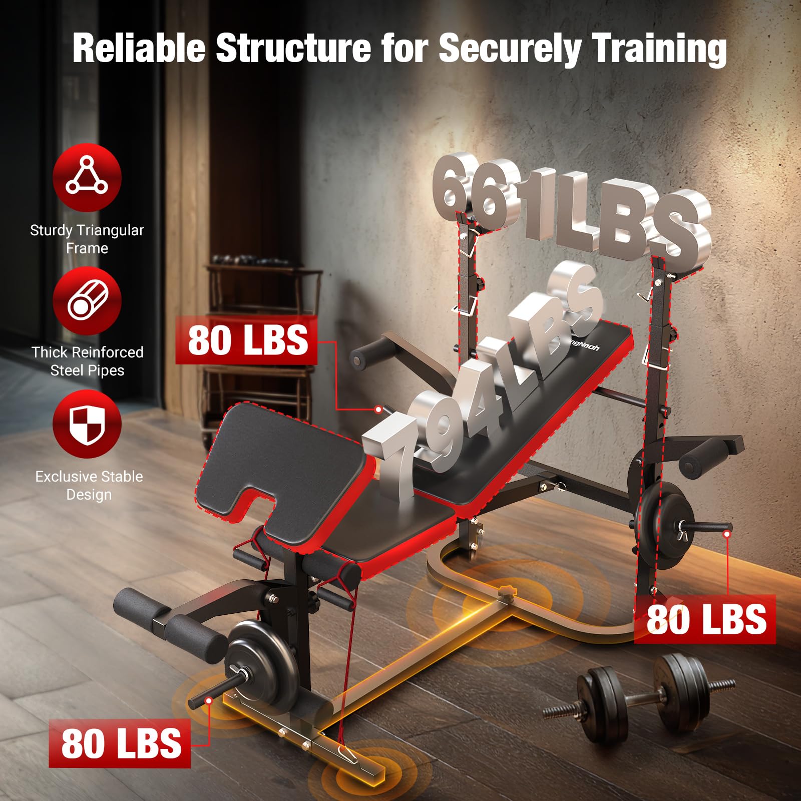 6-in-1 Foldable Weight Bench Set, 1695LBS Adjustable Workout Bench/Barbell Rack/Curl Pad, Bench Press, Leg Extension and Curl machine, Workout Fitness Equipment w/Squat Rack for Home Gym