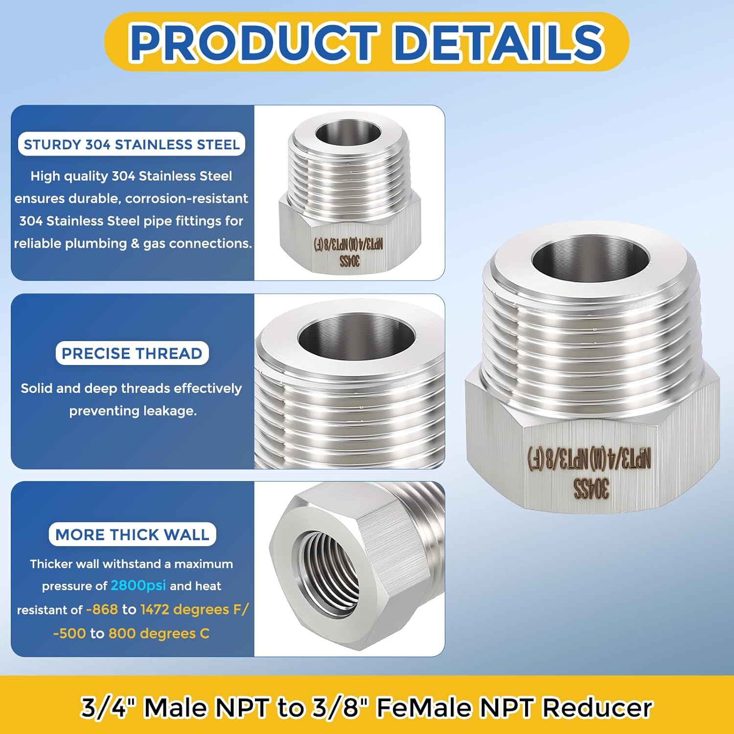5 Pack 304 Stainless Steel Pipe Fittings, 3/4" Male NPT to 3/8" FeMale NPT Hex Bushing Reducer, Hose Tube Threaded Adapter for Air, Oil, LP