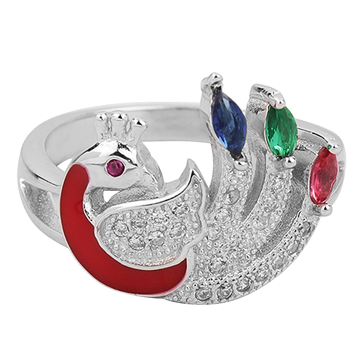 Jewel99Sterling Silver Platinum Plated Peacock Ring for Women