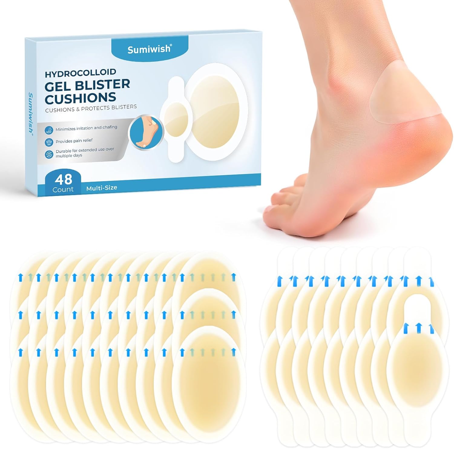Sumiwish Hydrocolloid Blister Bandages for Feet - Extra Cushioning for Foot, Toe, & Heel Protection - Ideal for Blister Prevention & Recovery - Water Resistant Bandages (48 Count, Variety Pack)