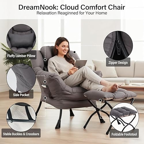 Miniatura 4 de Silla perezosa con otomana, silla decorativa moderna con almohada lumbar, sillas cómodas con reposapiés plegable para dormitorio, lectura, sillas de