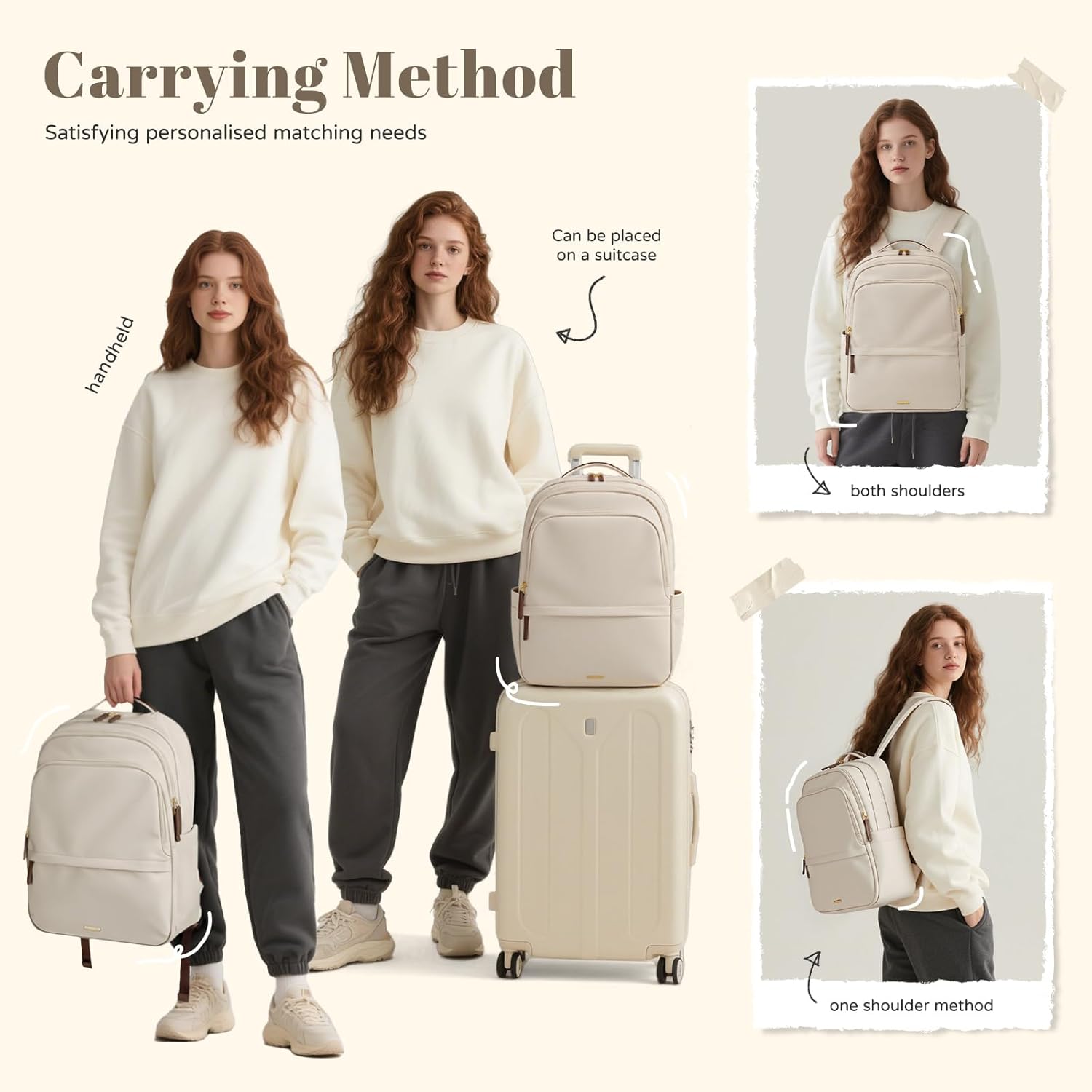 GOLF SUPAGS Multifunctional Laptop Backpack for Work Travel Leisure Water-Resistant Multiple Compartments Business Backpack for Women Fits 15.6 Inch Notebook (Apricot)