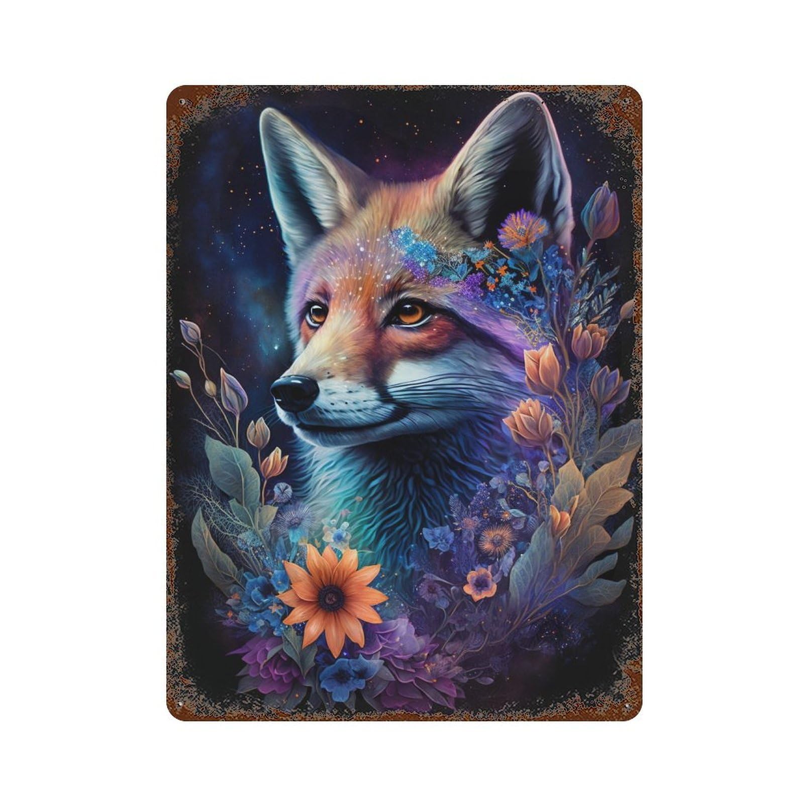Magical Fox with Flowers-5 Distressed Metal Wall Sign 15.7"x11.8", Shabby Chic Decor for Garage, Pub Or Kitchen