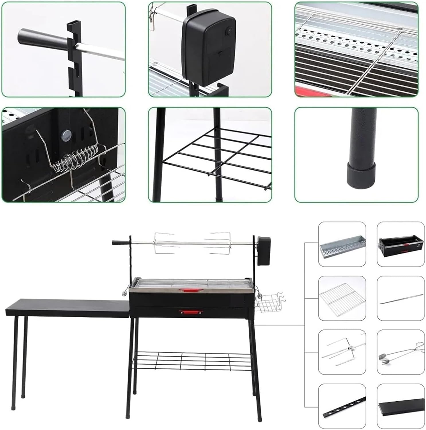 Portable Charcoal Grill, Rotisserie, Detachable Table, Stainless Steel, Black, Outdoor, Freestanding, Manual Rotisserie