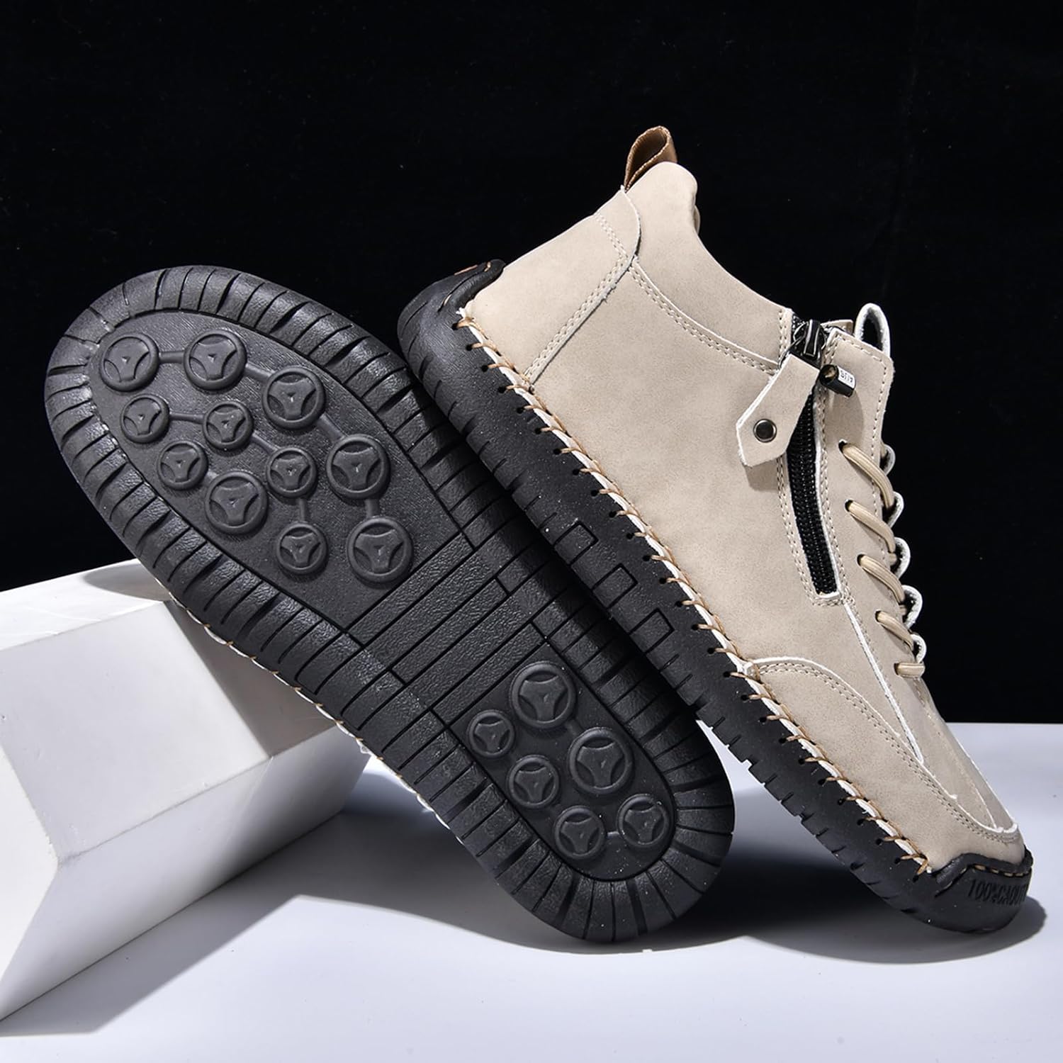 Mens Casual Leather Shoes Ankle Chukka Boots Handmade Side Zipper Mid top Slip On Loafers Fashion Lightweight Walking Driving High Boots - Image 5