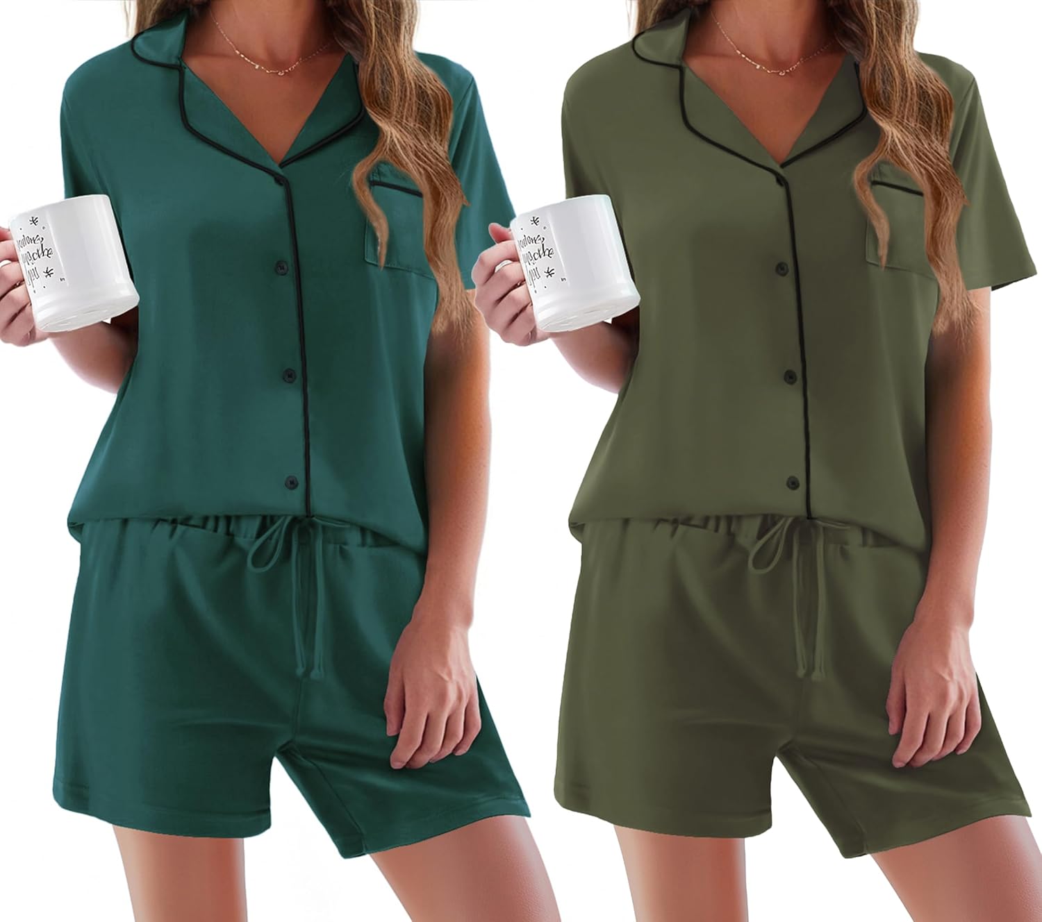 Ekouaer Womens Pajamas Set 2 Pack Button Down Summer Sleepwear Short Sleeve Comfy Pjs Loungewear Set