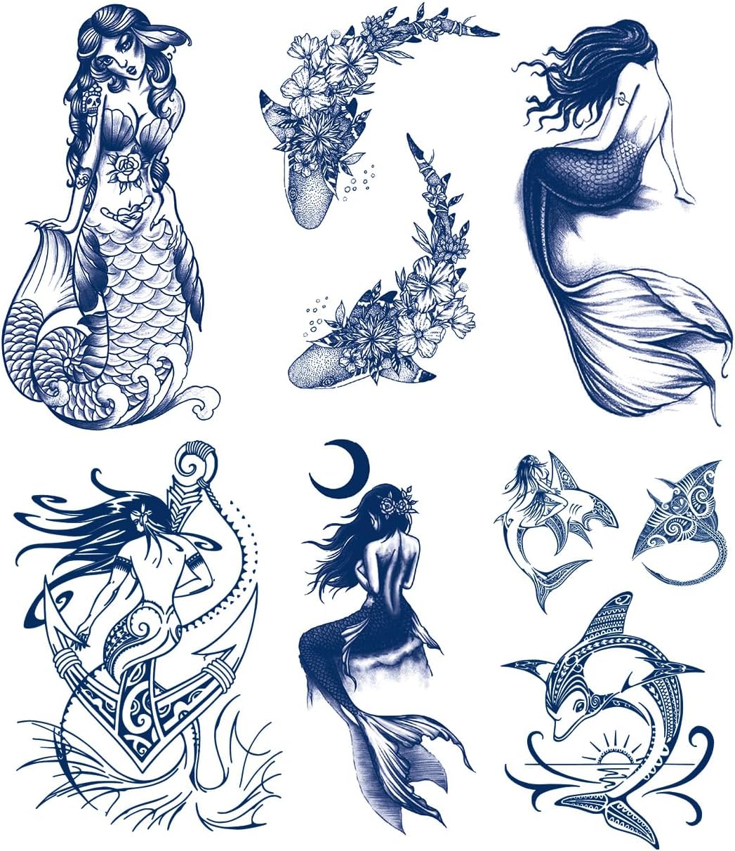 Semi-permanent Tattoos, 6-Sheet Plant-Based Ink Fake Shark Tattoo Stickers, 2 Weeks Long Last Waterproof Tattoos for Adults Men Women Girls Kids