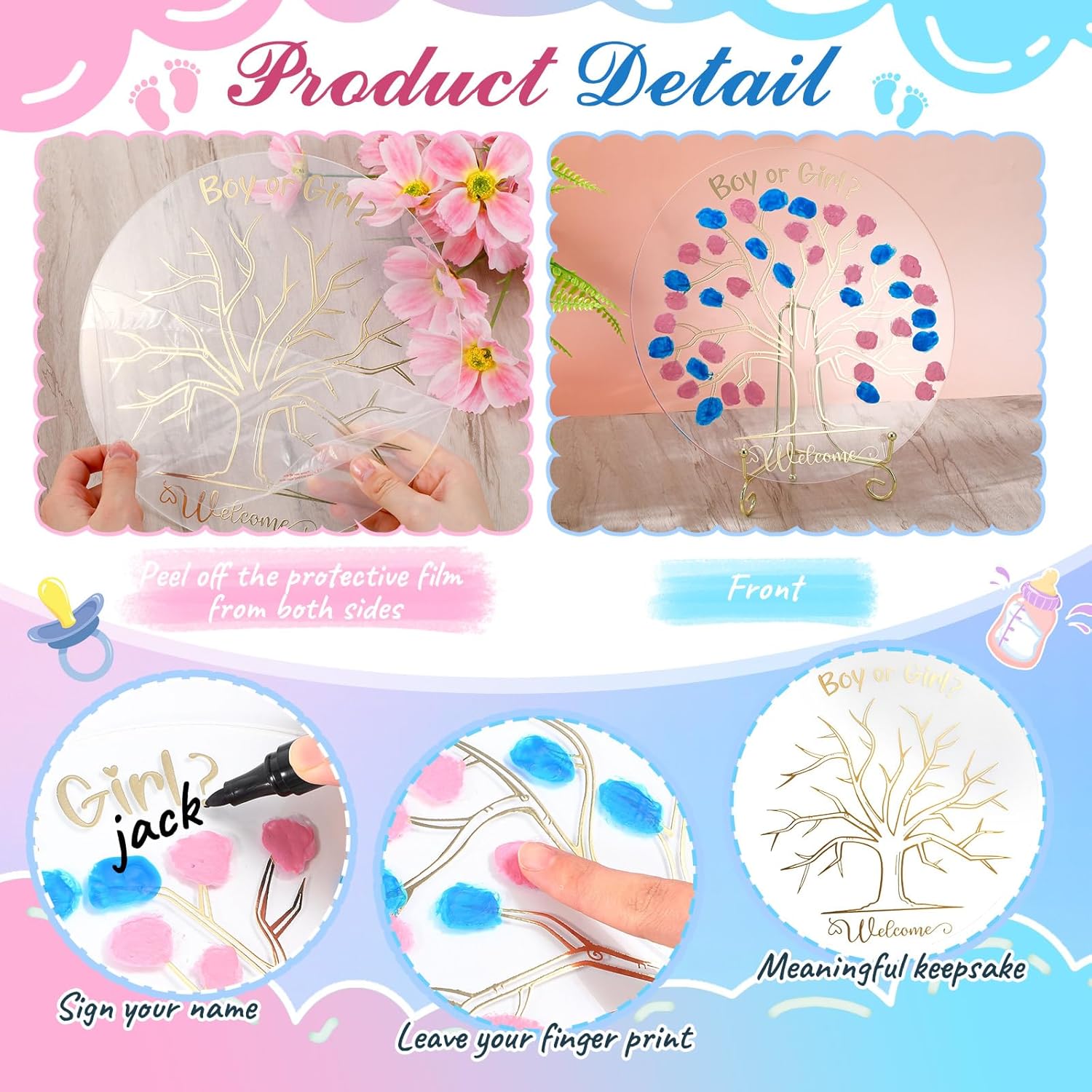 Pasimy 68 Pcs Baby Gender Reveal Party Supplies Favors, Gender Reveal Ideas Games Supplies, Team Boy or Girl Pins Mom and Dad to Be Badge Pin Silicone Bracelets Fingerprint Tree for Baby Shower