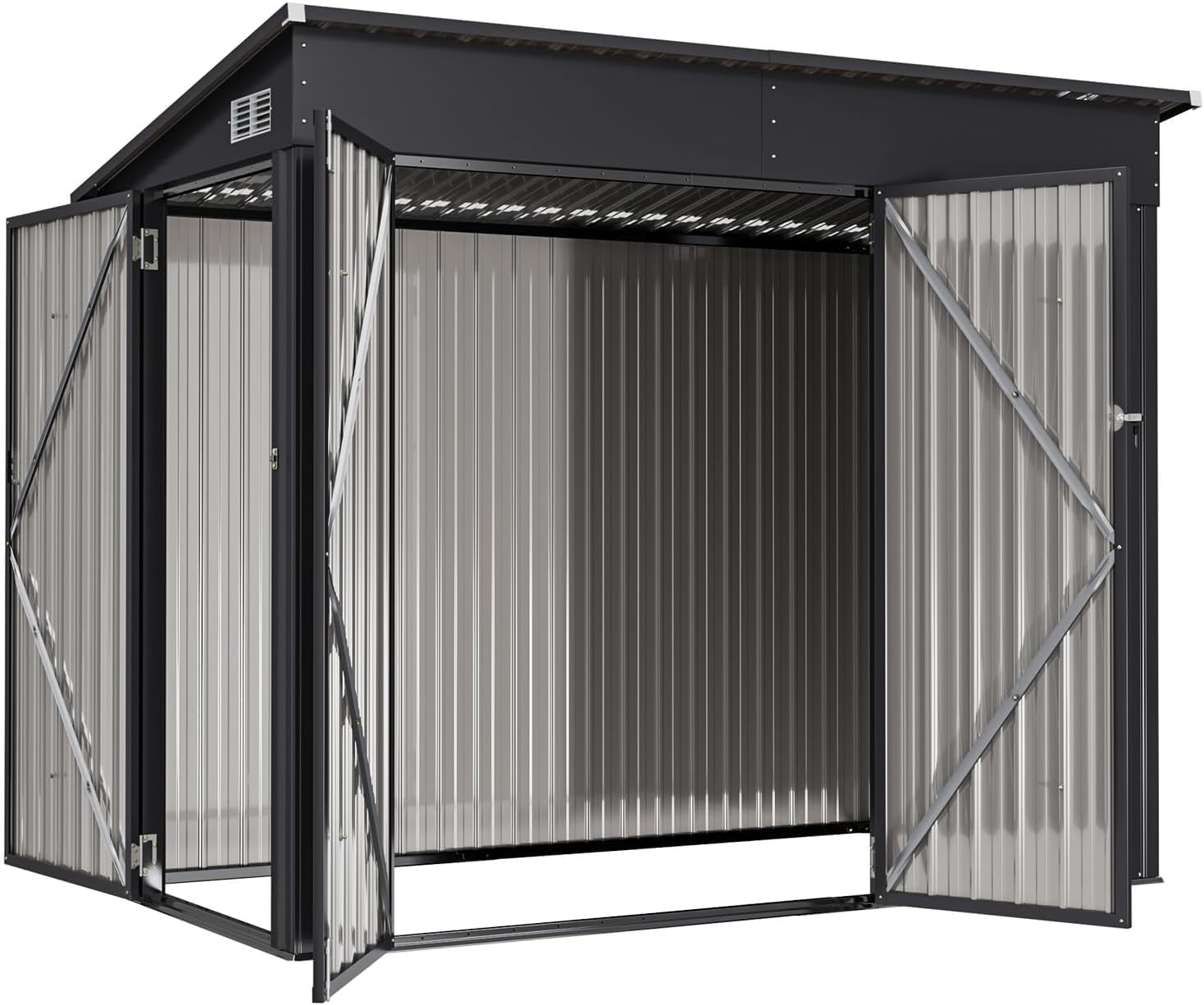 Interior view of the Aoxun 4x8 outdoor storage shed with all doors open, showing the empty space.