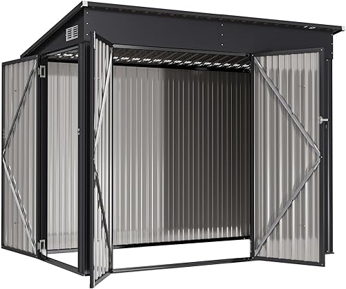 Vista 7 de Aoxun Cobertizo de almacenamiento al aire libre de 4 x 8 pies con triple puerta con cerradura de metal con techo inclinado para herramientas