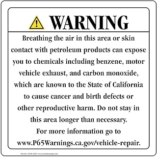 ComplianceSigns.com California Prop 65 Benzene, Exhaust, Carbon Monoxide Warning Label Decal, 4-Pack of 10x10 inch Vinyl for Chemical Hazmat