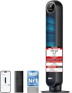 DREO Smart Leiser Turmventilator, APP & Sprachsteuerung, 90° oszillierender Ventilator mit Fernbedienung, 4 Modi, 4 Geschwindigkeiten, 8 Std. Timer, Nomad One S, Schwaz