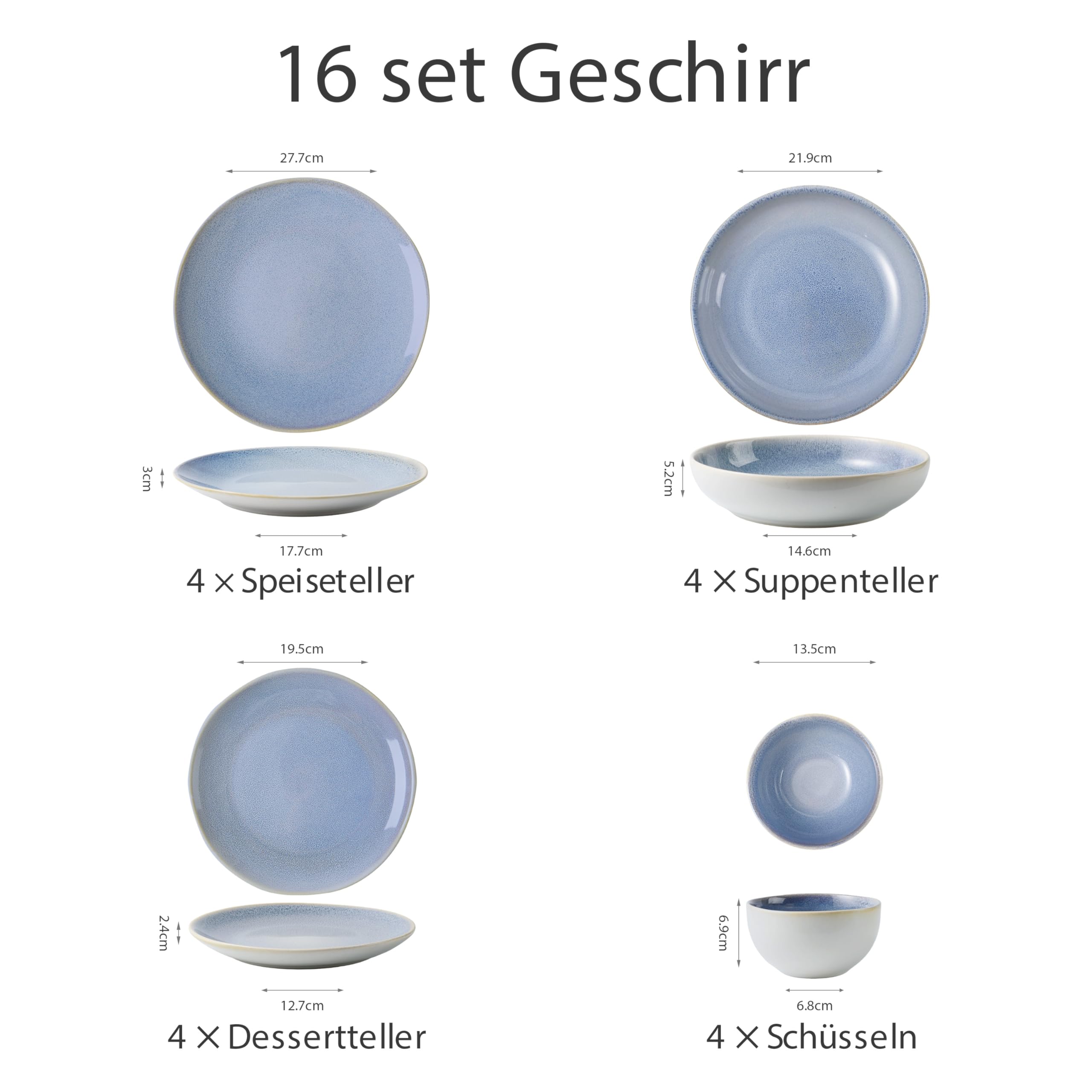 Jiwoo Geschirrset 16 tlg Tafelservice für 4 Personen aus Bone China | Mit Tellern, Suppentellern & Schüsseln – handgefertigte Reaktivglasur, Bone China, spülmaschinen- & mikrowellengeeignet