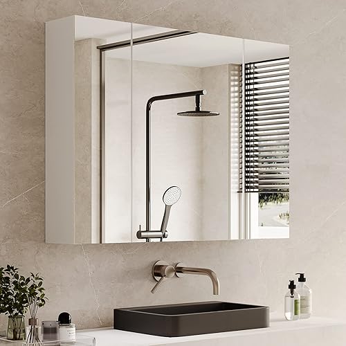 Miniatura 3 de DICTAC Botiquín de baño con luces y 2 tomas de corriente y puertos USB de 276 x 24 pulgadas armario LED montado en la pared con 3 puertas de espejo