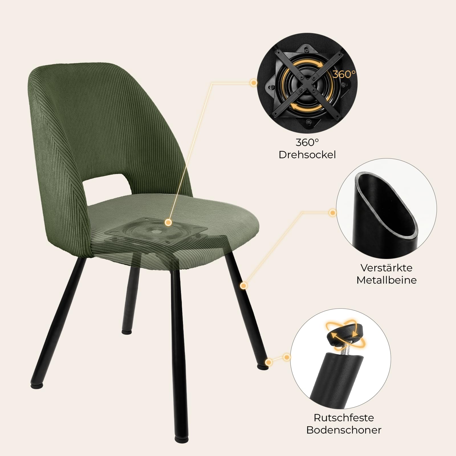 WAFTING 6er-Set 360° Drehbare Gepolsterte Esszimmerstühle mit Metallbeinen | Moderne Küchenstühle mit Durchbrochener Rückenlehne, Geeignet für Esszimmer, Schlafzimmer und Wohnzimmer, Grün