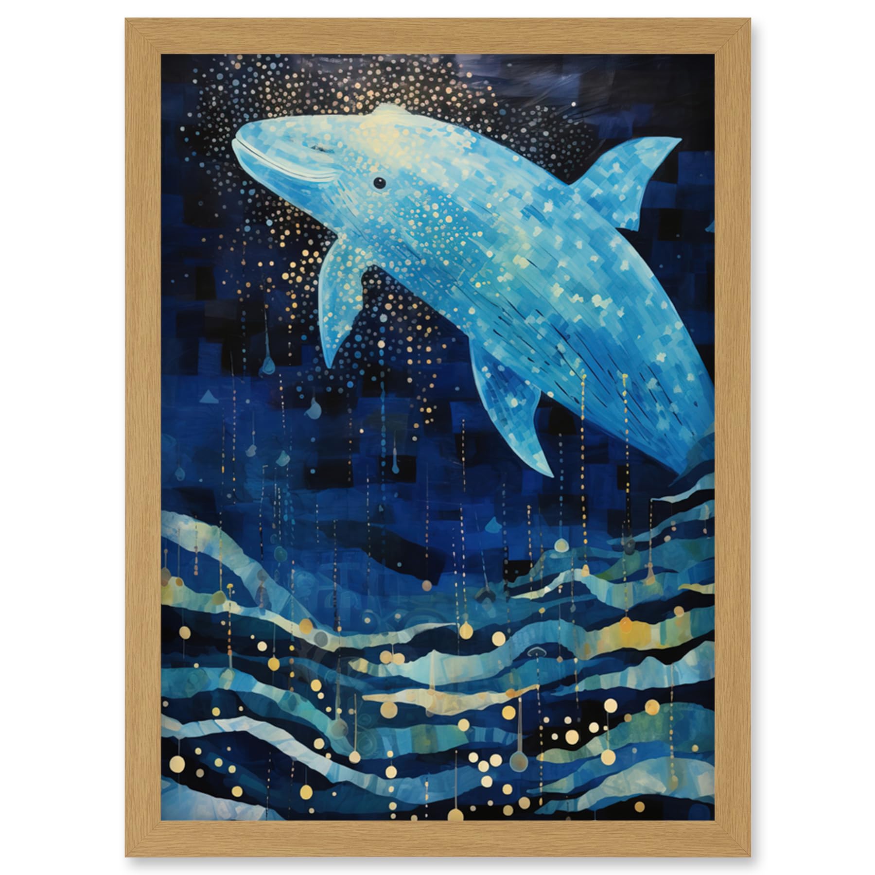 Artery8 Blue Whale Breach in Winter Waters Moonlit Seascape Waves Artwork Framed Wall Art Print A4