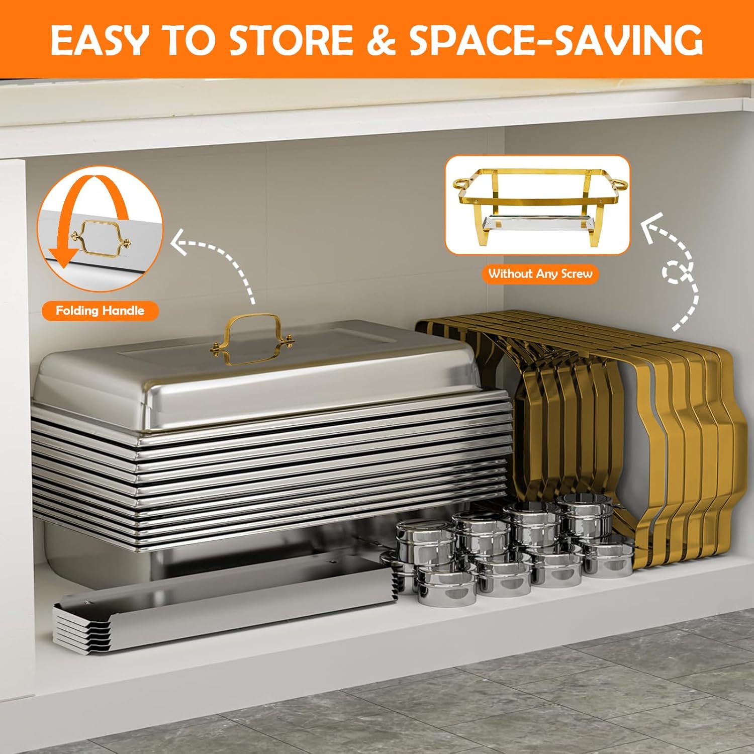 ALSO GO Chafing Dish Buffet Set, 9QT 4 Pack Gold Chafing Dishes for Buffet with 4 Serving Tongs, Buffet Set Full Size Large Serving Chafing Dishes, Warming Food Tray for Catering & New Year Parties