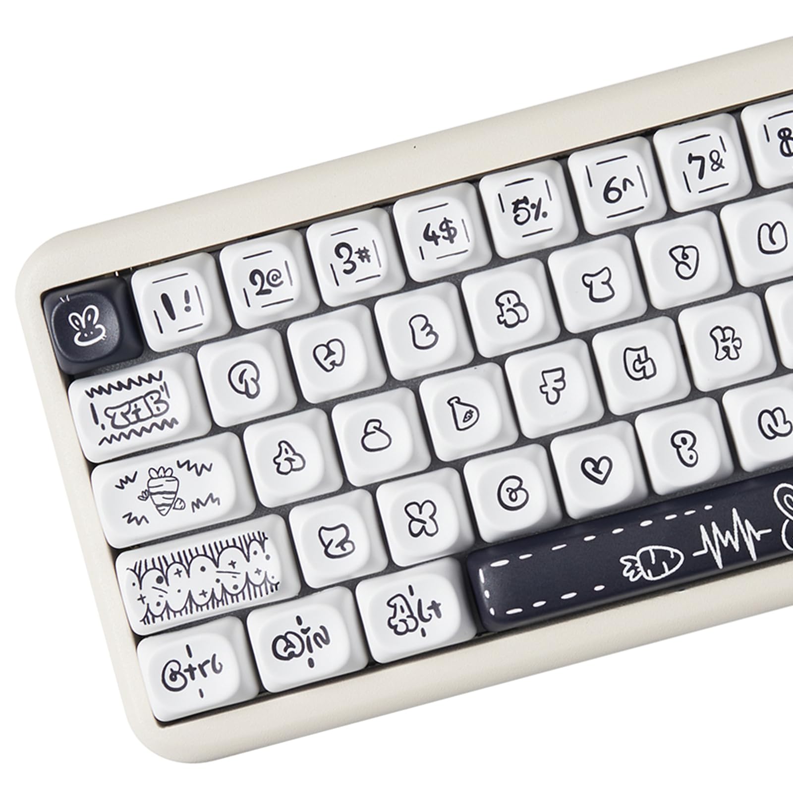 PBT - Teclas negras y blancas, teclas de perfil MOA, juego de teclas de teclado Pbt lindo conejo, 130 teclas redondas adecuadas para teclado Cherry Mx Switch (blanco) - Blanco