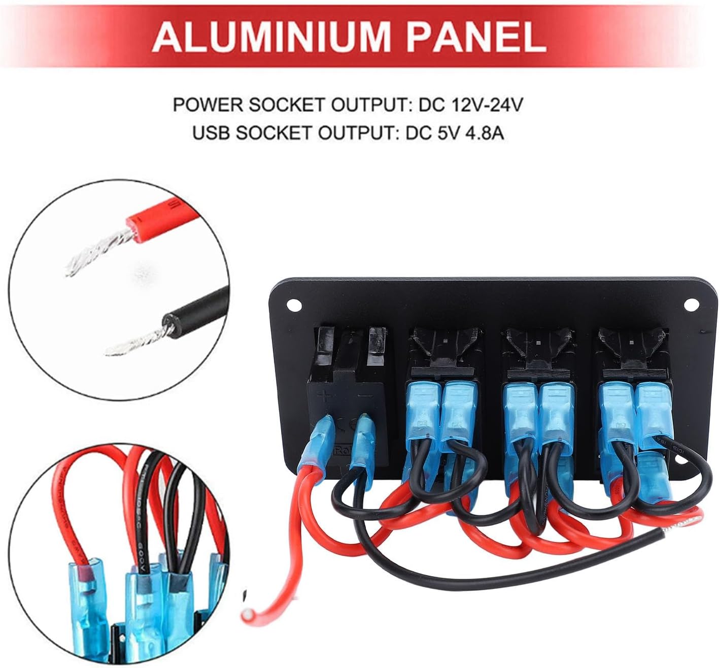 12V 24V 3 Gang Rocker Switch Aluminum Panel with Voltmeter Dual USB Fast Charging Multifuntional Switch Panel for Boat Car Truck (Red Light)