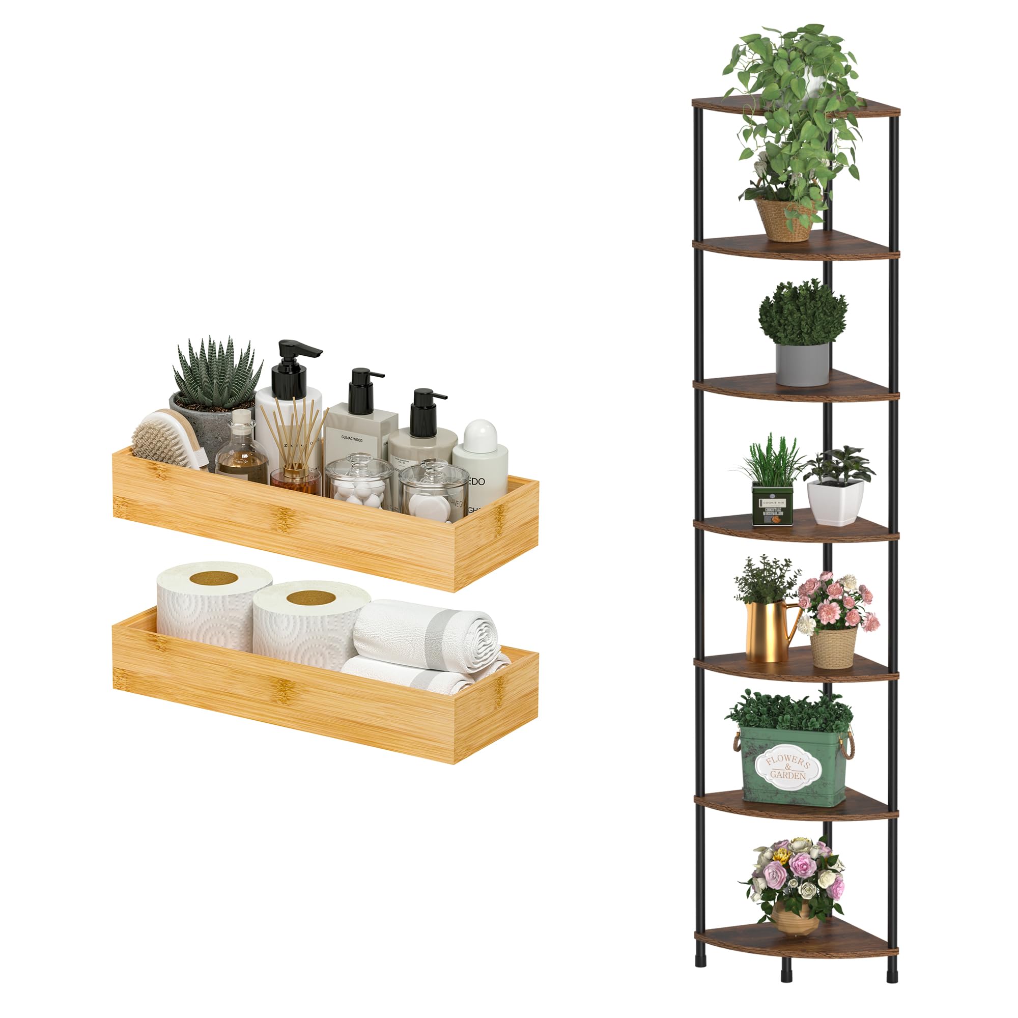 Toilet Paper Storage Basket, Bamboo Toilet Tank Tray for Bathroom Organizers and Storage 15" x 6" x 2.5" / Corner Plant Stand Shelf, 7 Tier Tall Shelf Plant Stand for Indoor Plants 64.7" Display Shelf